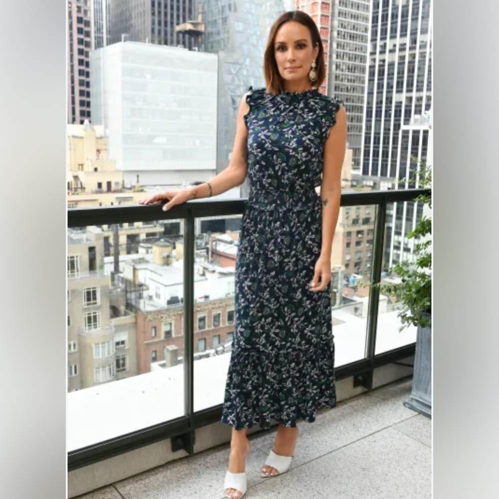 Michael Kors Navy Blue Floral Sleeveless Boho Midi Dress w/ Smocked Waist, Small